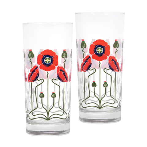 Art Nouveau Red Poppy Highball Glasses (Set of 2)