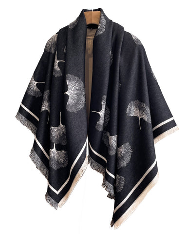 Black and Cream Ginkgo Square Reversible Wrap