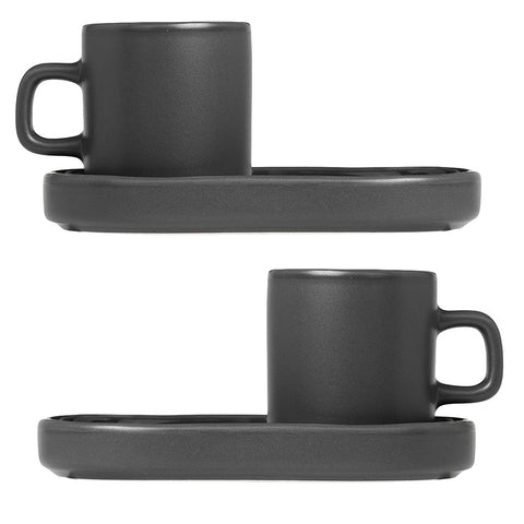 Blomus Pilar Stoneware Espresso Cups With Trays Set of 2 Agave Green