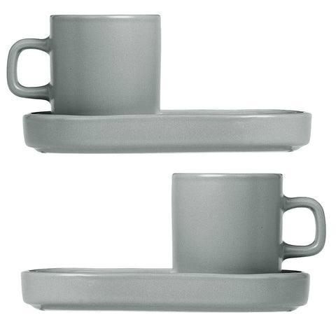 Blomus Pilar Stoneware Espresso Cups With Trays Set of 2 Mirage Grey