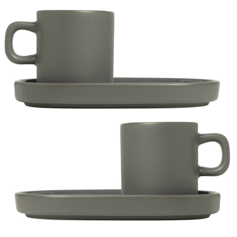 Blomus Pilar Stoneware Espresso Cups With Trays Set of 2 - Pewter