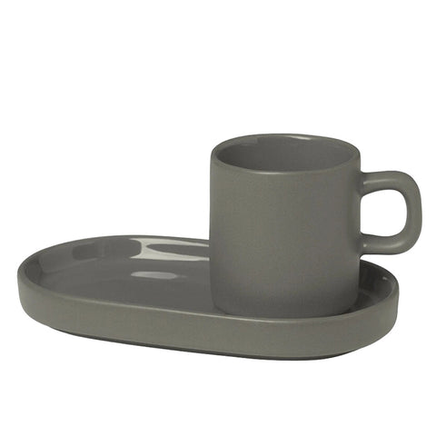 Blomus Pilar Stoneware Espresso Cups With Trays Set of 2 - Pewter