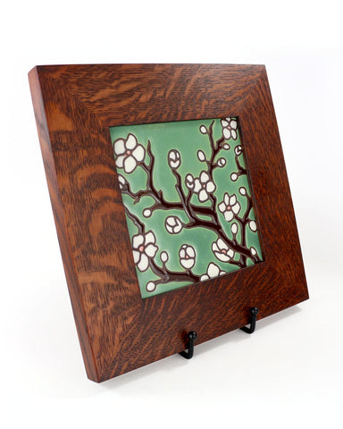 Carly Quinn Cherry Blossoms Jade Oak Framed Ceramic Tile