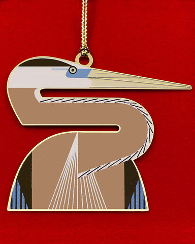 Charley Harper Brass Heron Ornament Adornment Closeup