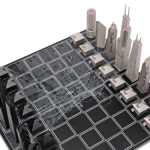 Chicago Skyline Chess Set - Stainless Steel/Wood Map Board - Lake Michigan Shore