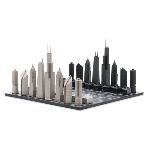 Chicago Skyline Chess Set - Stainless Steel/Wood Map Board
