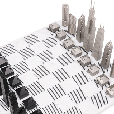 Chicago Skyline Chess Set - Stainless Steel/Marble Board