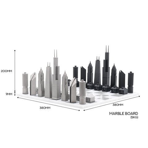 Chicago Skyline Chess Set - Stainless Steel/Marble Board Dimensions