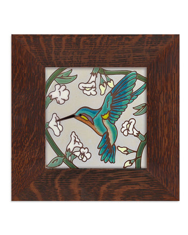 Hummingbird with White Flowers Ceramic Tile in Quartersawn White Oak Frame