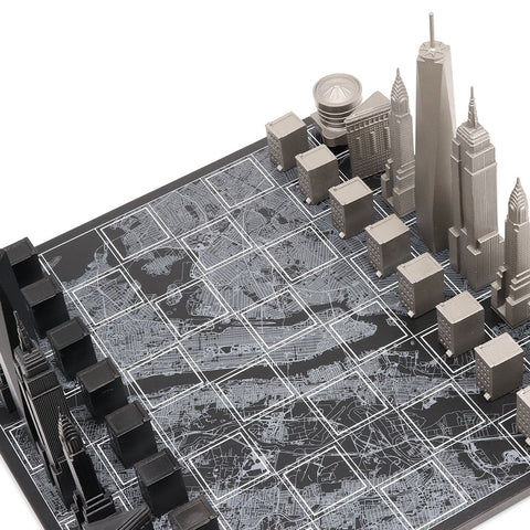 NYC Skyline Chess Set - Stainless Steel/Wood Map Board Manhatten Island Map