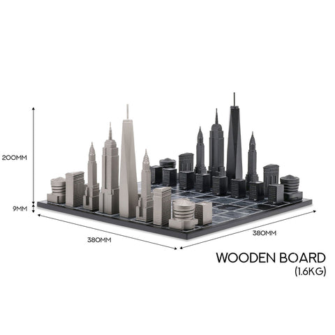 NYC Skyline Chess Set - Stainless Steel/Wood Map Board Measurements