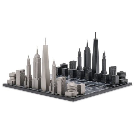 NYC Skyline Chess Set - Stainless Steel/Wood Map Board