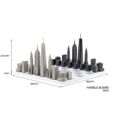 NYC Skyline Chess Set - Stainless Steel/Marble Board - Measurements