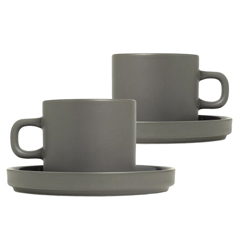 Blomus Pilar Stoneware Coffee Cups With Saucers - Pewter