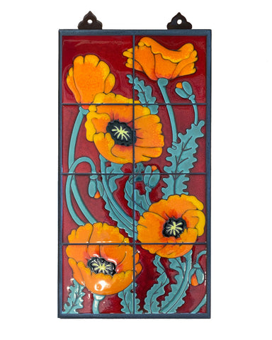 Carly Quinn Poppies on Red Tile Mural 12" x 24" - Left